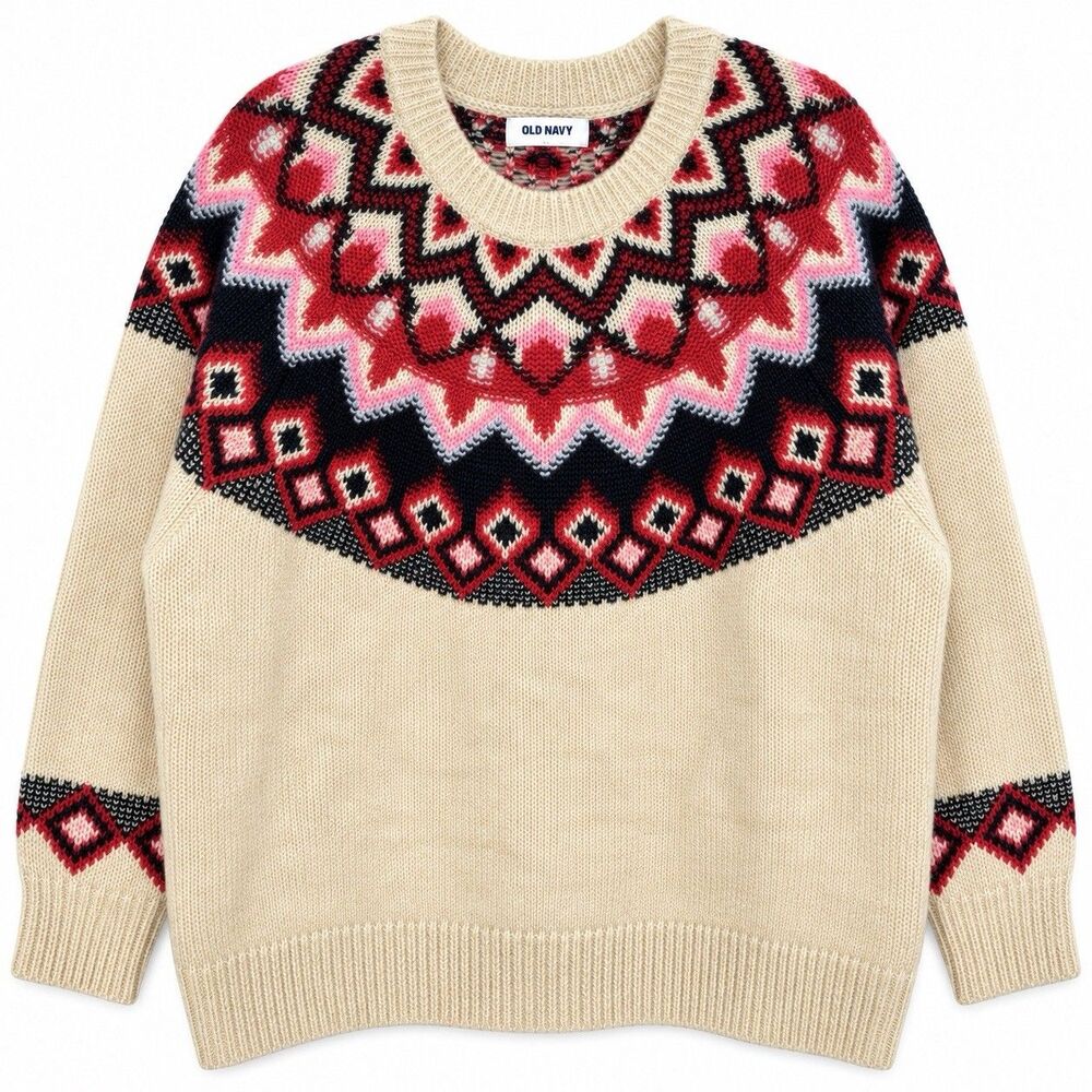 Old Navy Womens Plus Size 3X Fair Isle Sweater Cream Pink Nordic Wool Blend